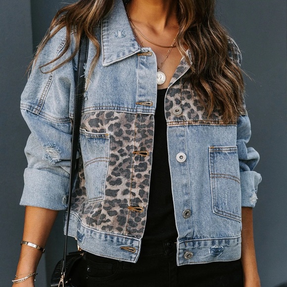 NWT POL Leopard Print Patchwork Denim Jean Jacket - Picture 7 of 8